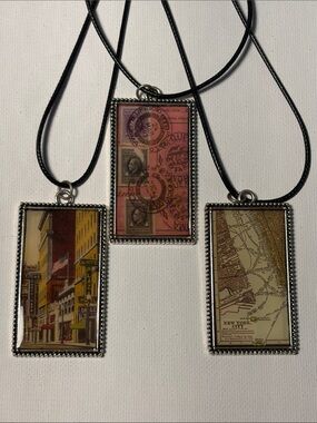 Vintage Map & Postage Rectangle Pendant Necklace in Brown and Pink
